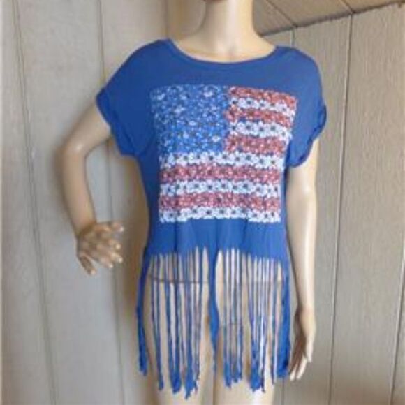 American Rag Junior’s Fringed Graphic Tee, Blue - Picture 1 of 5